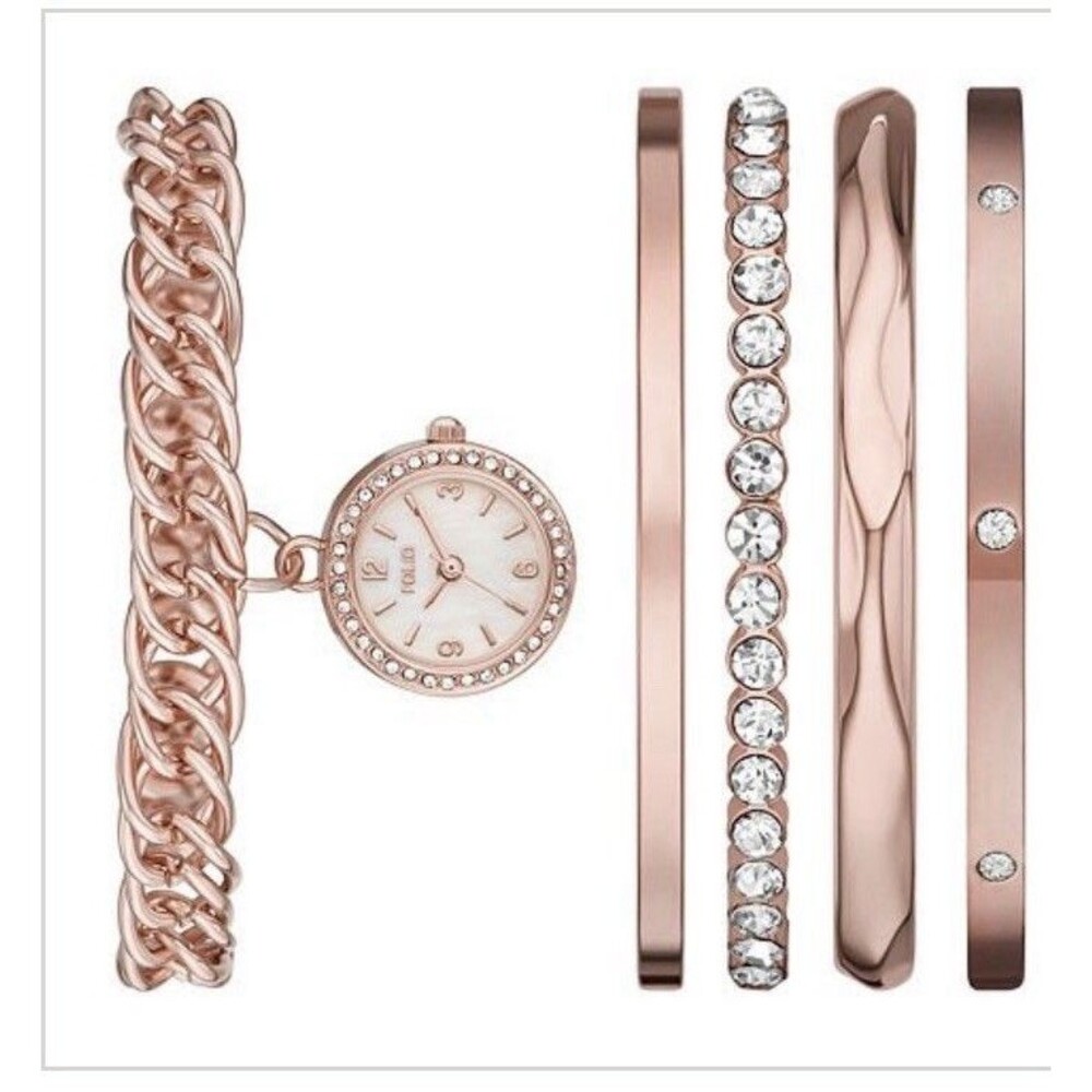 NEW IN BOX Folio Women’s Gold Tone Wrist Watch & 4 Bracelet Boxed Gift Set